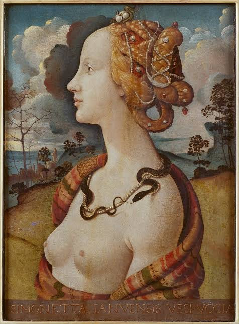 oil painting of a topless woman with snake around her neck looking ahead of her.