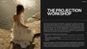 Woman in a white dress sitting by a body of water with text about 'The Projection Workshop' on the right.