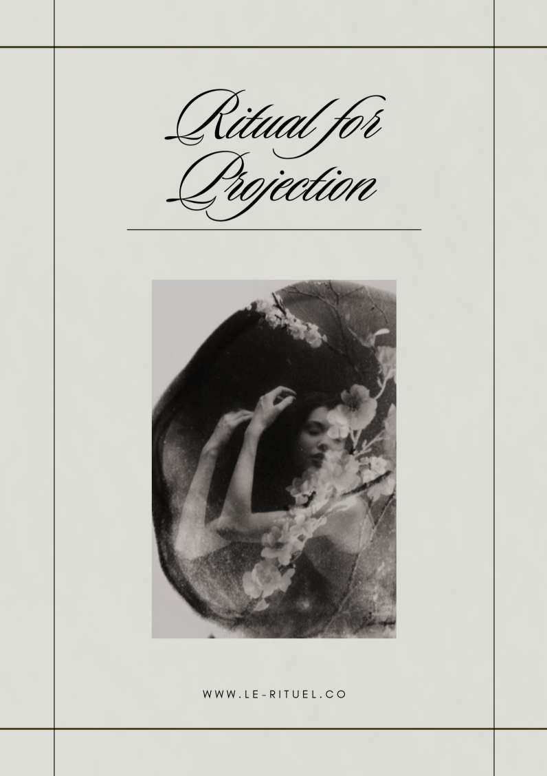 Black and white image of a woman with flowers, text 'Ritual for Projection', and website URL on a light gray background.